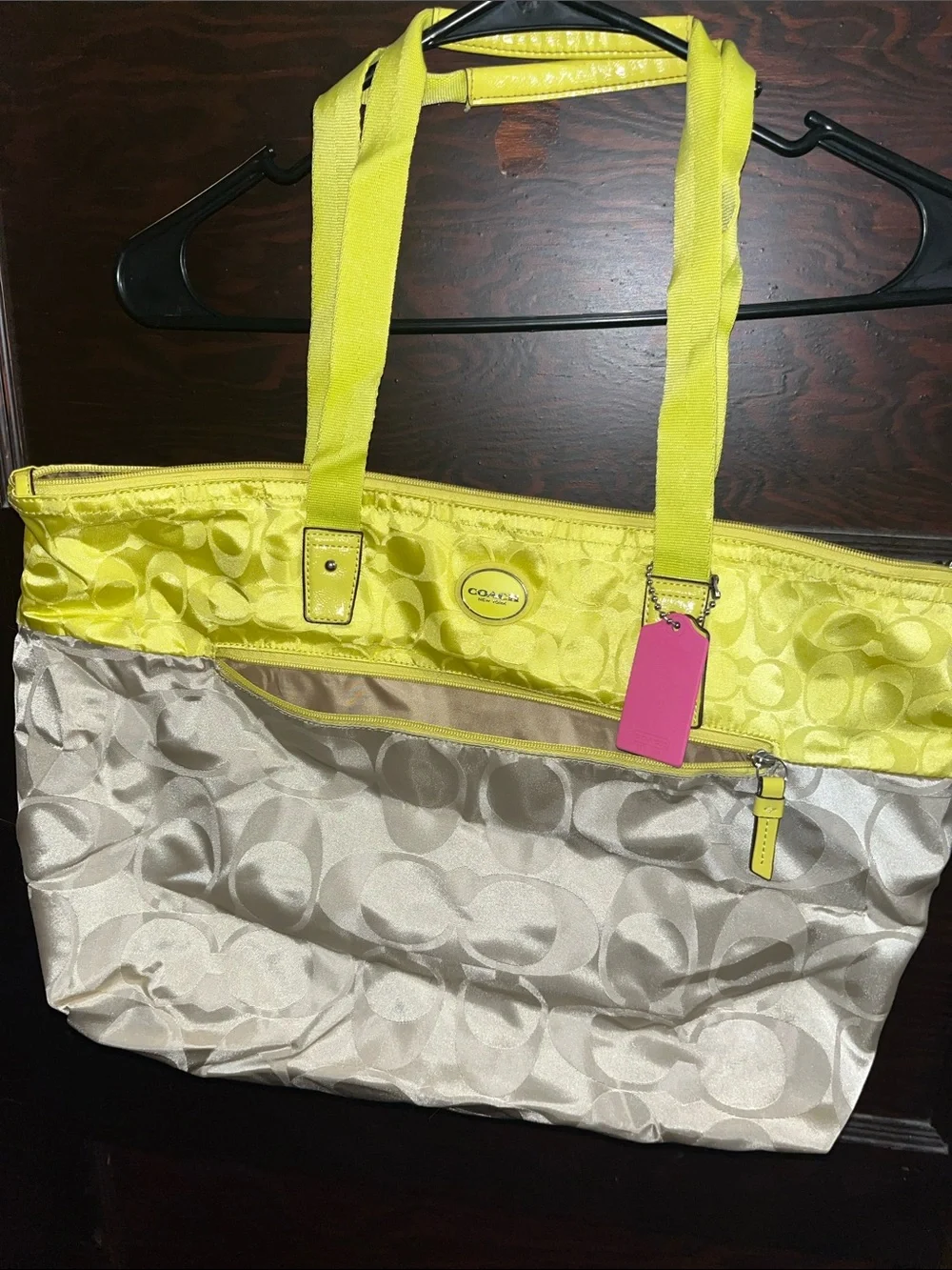 Coach Two-Tone Yellow and Ivory Signature Tote with Pink Hangtag - Picture 1 of 6
